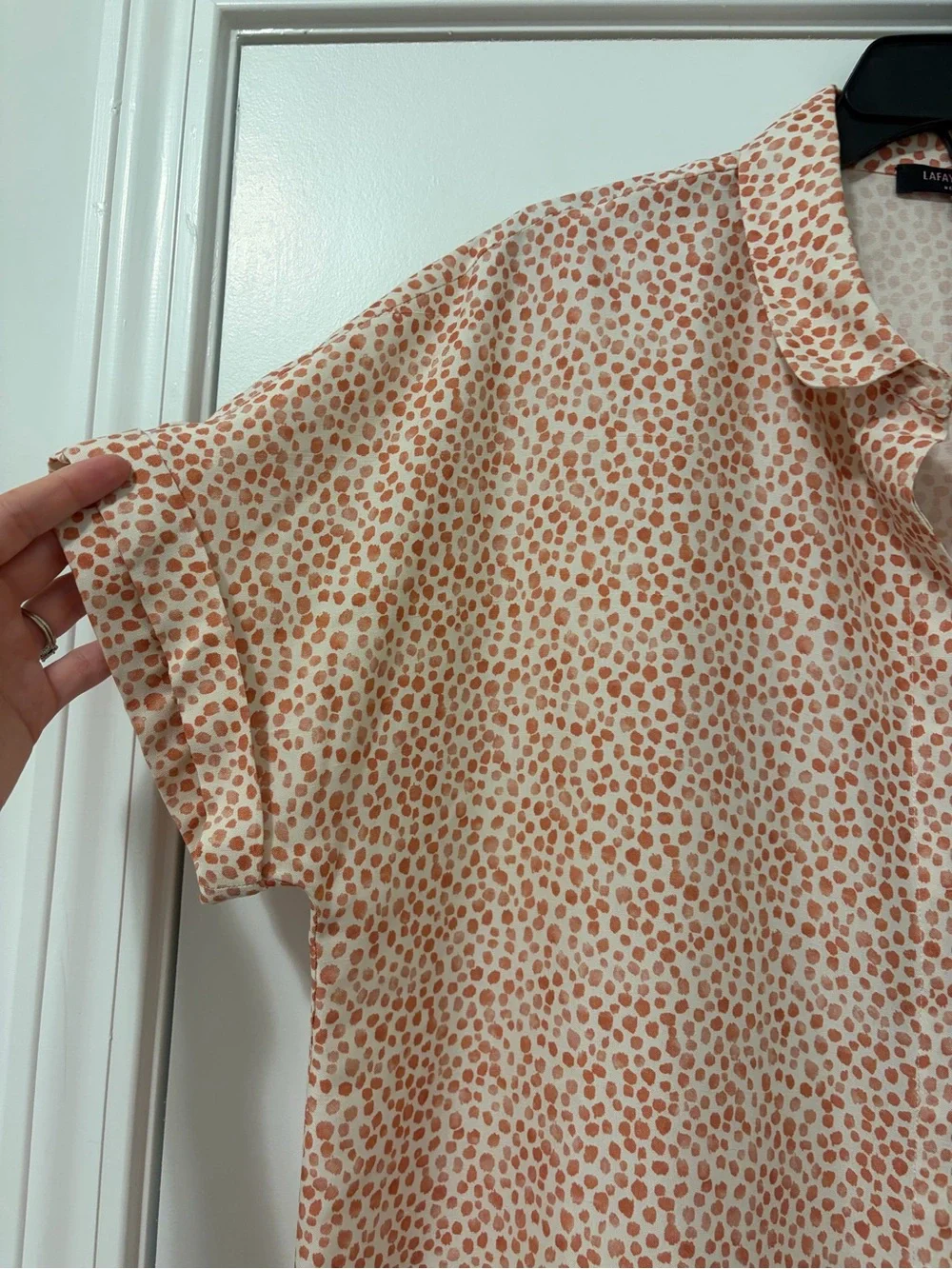Lafayette 148 Silk Blend Blouse XL Beige Brown Dot Print Button Front Career Top - Picture 3 of 8